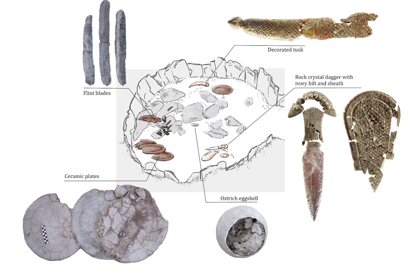 Eine Illustration veranschaulicht, wo bestimmte Grabbeigaben im Rahmen der Ausgrabung eines Grabes gefunden wurden.
