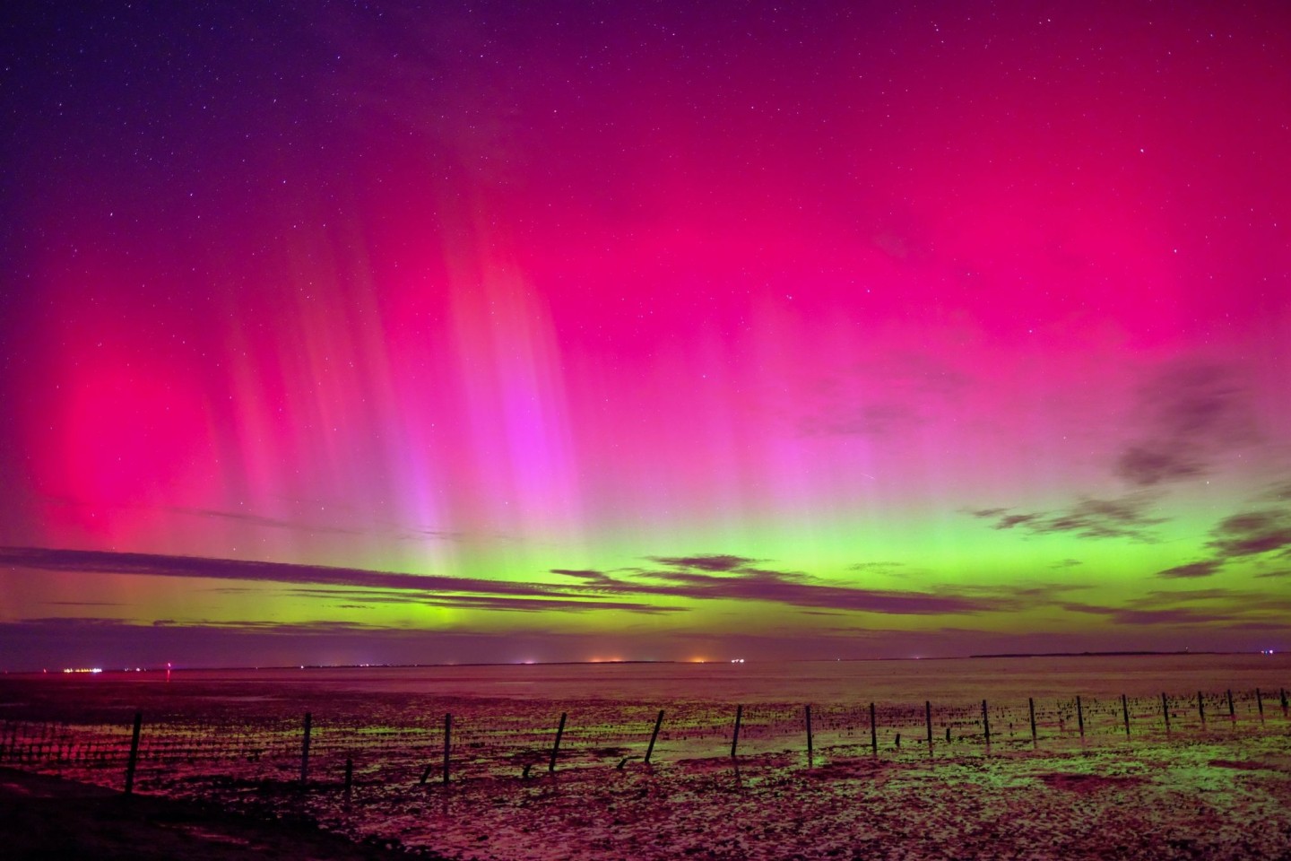 Polarlichter sind am Himmel über Schillig (Kreis Friesland) zu sehen.