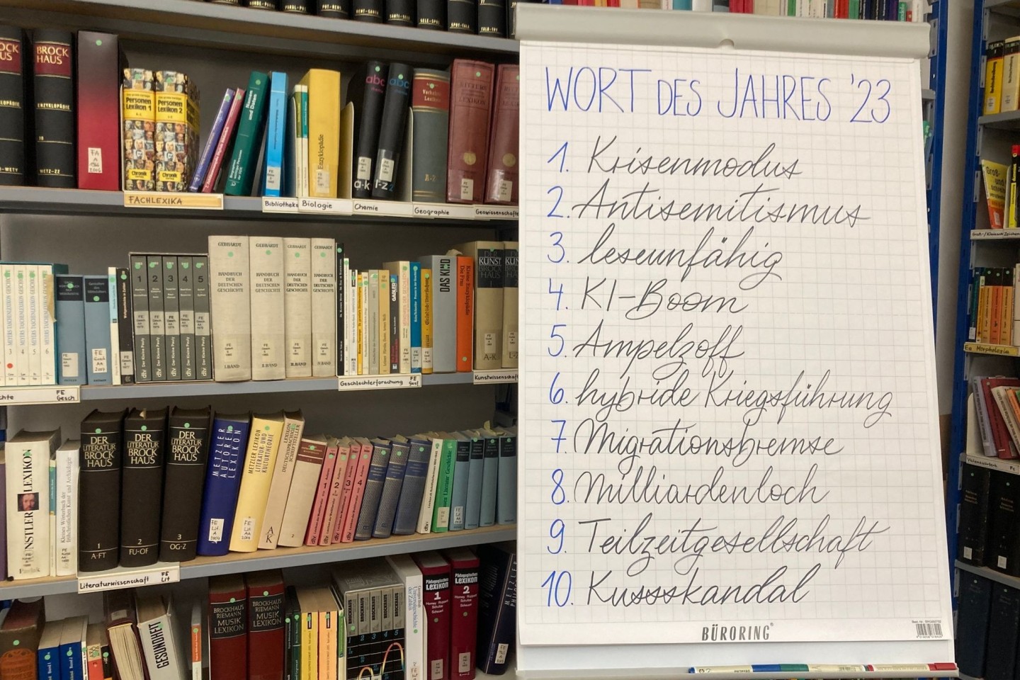 Das Wort des Jahres «Krisenmodus» steht an erster Stelle vor den Wörtern «Antisemitismus» und «leseunfähig» auf einer Tafel.